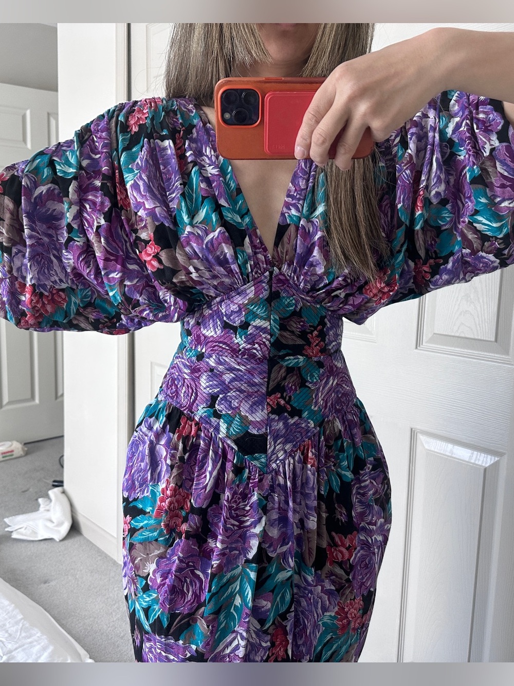 Vtg Barboglio Cristina.Jan Purple Floral Puff-Sleeve open back Dress cocktail
